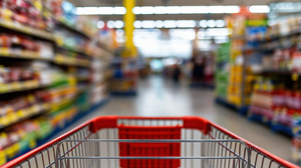 Empty Shopping Cart in Supermarket Aisle &ndash; Retail Consumer Behavior, Economic Recession Symbol, Grocery Store Concept with Blurred Background