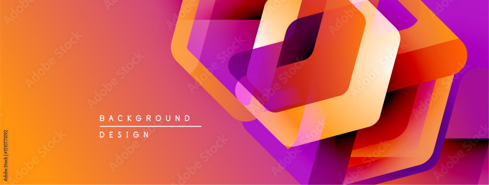 Poster abstract geometric shapes overlap, creating vibrant orange, purple gradient. modern design element f