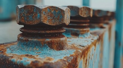 Close-up view of rusty metal fasteners on a blue structure.