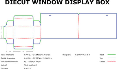 Diecut window display box packaging template layout design with detailed dimensions