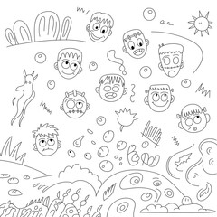 Hand drawn cartoon monsters with playful doodle elements creating a halloween coloring page for kids