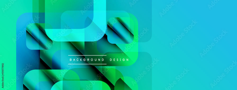Poster abstract geometric shapes overlap, creating vibrant gradients. modern design features teal, green hu