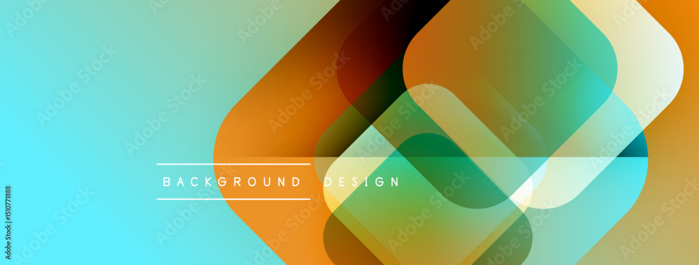 Poster abstract geometric shapes overlap, creating vibrant color transitions. turquoise background compleme