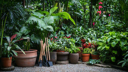 Tropical Garden with Potted Plants and Gardening Tools