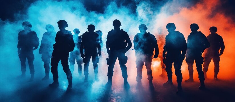 Soldiers in smoky night operation; dramatic backdrop