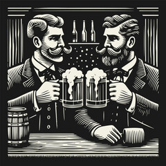 Black and white flat vector illustration of two gentlemen drinking beer at a tavern bar counter. Retro silhouette style, perfect for pub signs, labels, posters, and beer-related designs.