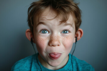 Portrait of a freckled boy with blue eyes playfully sticking out his tongue while listening to music with headphones. A cheerful and joyful expression on his face.
