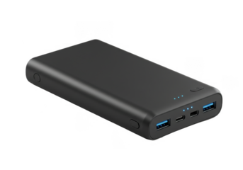 Black power bank isolated on transparent background, portable charger