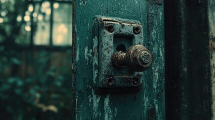 Aged metal latch on weathered wooden door.