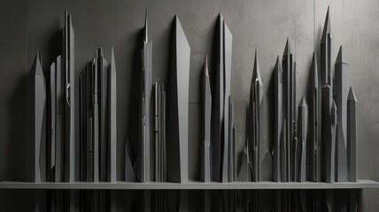 Grey, geometric cityscapes on a shelf