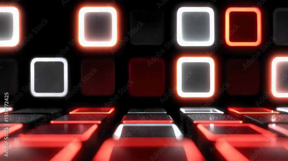Poster abstract motion graphic of glowing red and white digital cubes floating in space, symbolizing data a