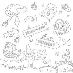 Obraz premium Hand drawn halloween themed elements perfect for a fun and engaging coloring page activity.
