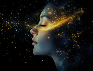 A stunning cosmic face made of vibrant nebulae, with the vast universe swirling within its mind - a celestial portrait of infinite wonder and mystery.