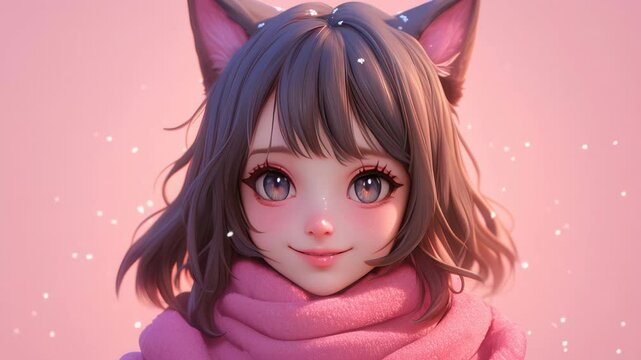 Portrait of a charming anime girl with cat ears and a pink scarf in a kawaii style