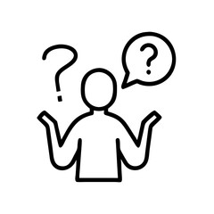 Confused person raising hands with question marks in a speech bubble  