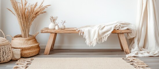 Wooden bench with blanket, boho decor, neutral room