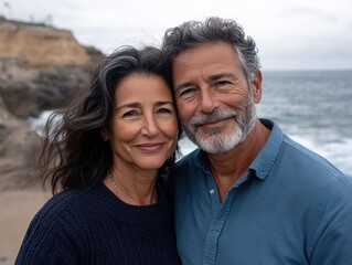 Obraz premium Happy Hispanic couple enjoying peaceful day at rocky coast