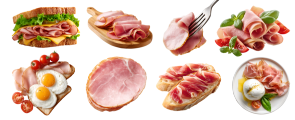 Set of Parma ham Prosciutto fermented processed cured meat, turkey pork, fork, sandwich, breakfast, burrata cheese, serve board, sliced pile stack isolated on transparent cutout PNG. Mockup template 