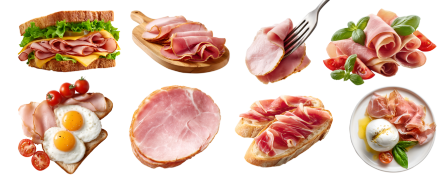 Set of Parma ham Prosciutto fermented processed cured meat, turkey pork, fork, sandwich, breakfast, burrata cheese, serve board, sliced pile stack isolated on transparent cutout PNG. Mockup template 