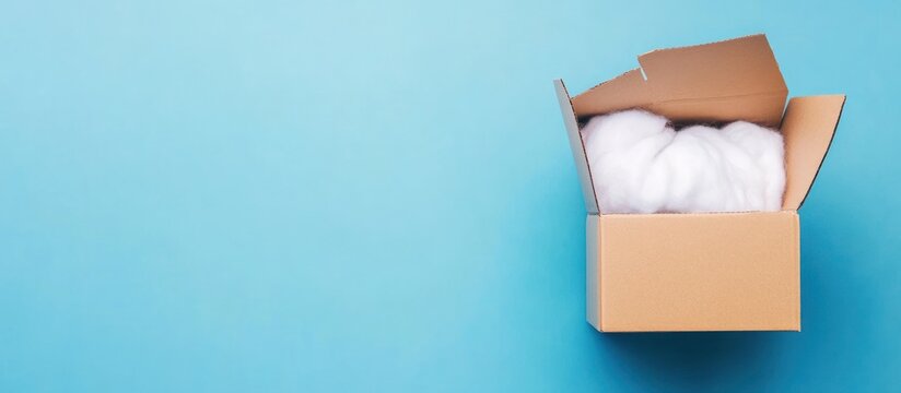 Open cardboard box, packing filler, blue background, e-commerce packaging