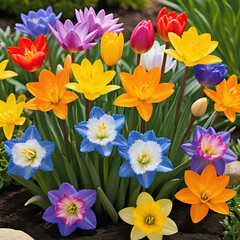 Fototapeta premium Brightly colored flower bulbs burst forth in a kaleidoscope of vibrant hues as spring's awakening warmth coaxes life to bloom in the garden.
