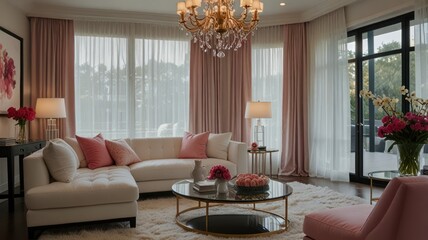 Modern living room with blush pink accents