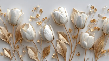 Elegant tulips with golden leaves arrangement for decorative art, and wallpaper use