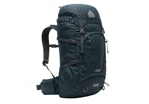 Blue hiking backpack isolated on transparent background