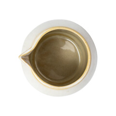 Close up of empty Gray clay glass or Japanese earthenware isolated ,
 Water Jug Green , Glass cup with ice water and mint, a jug of water on a wooden table against a  white background  