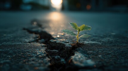 Green Plant Growing Through Cracked Concrete at Sunset Resilience Concept