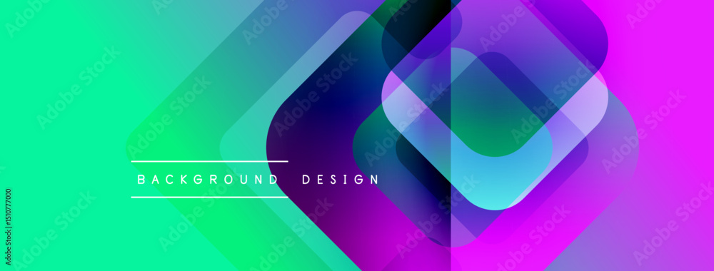 Poster abstract geometric shapes overlap, creating vibrant gradient effect. turquoise transitions to purple