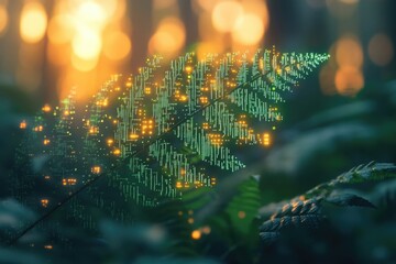 A fern leaf digitally overlaid with glowing circuit board patterns, symbolizing nature's technology.