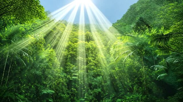 Luminous Rainforest: Sunlight Beams Through Lush Greenery