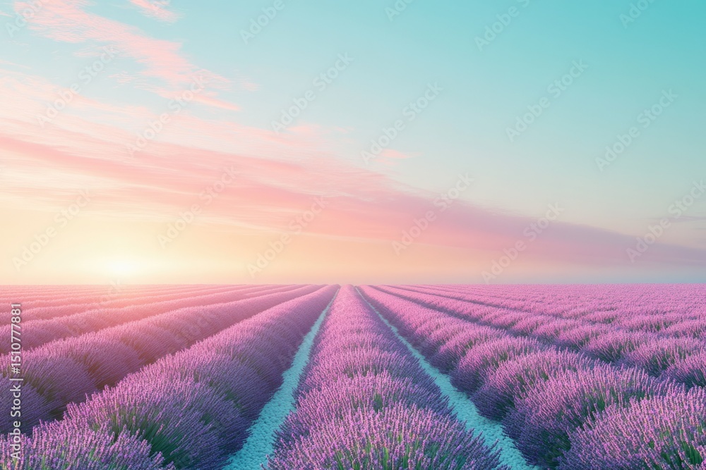 Poster serene sunrise over rows of lavender fields, creating a picturesque and tranquil scene.