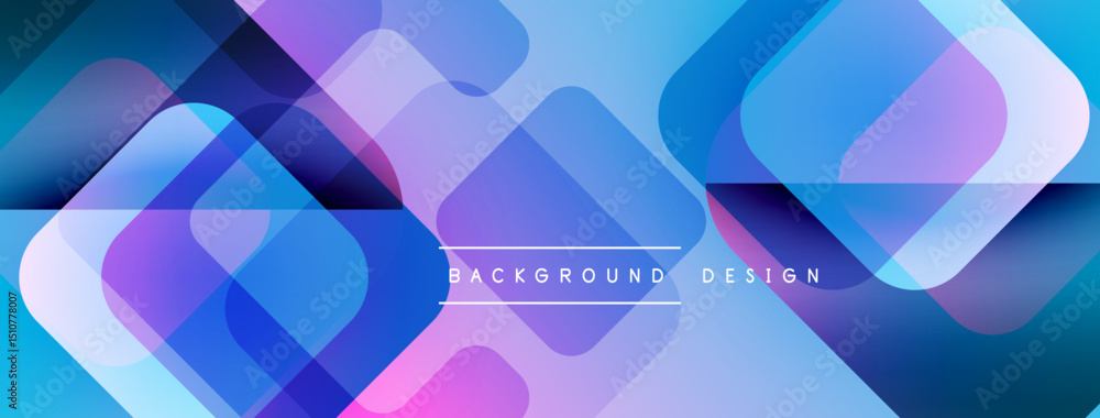 Poster abstract geometric shapes overlap, creating vibrant blue, purple gradients. modern design suitable f