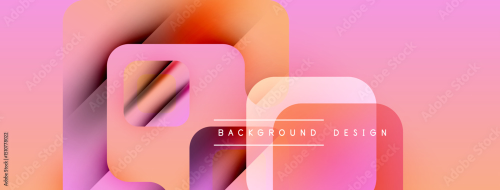 Fototapete Abstract geometric shapes overlap, creating vibrant pink, orange gradients. Text reads background design centered within rectangle. Modern, dynamic visual.