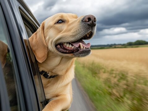 Happy Labrador Retriever looking out of car window in countryside