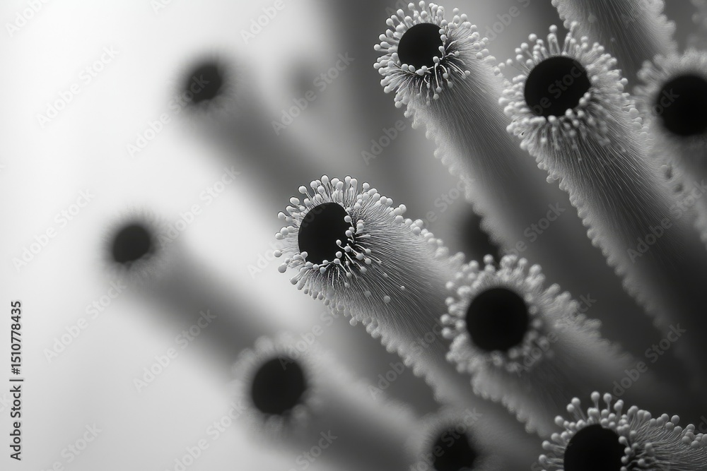 Poster Microscopic image showing numerous cylindrical structures with tiny, hair-like protrusions.