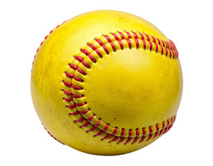 Well-Used Yellow Softball with Scuff Marks and Dirt, Side Angle, isolated on a transparent background