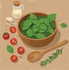 Fresh basil leaves with tomatoes and rosemary wooden spoon cooking ingredients vector illustration 