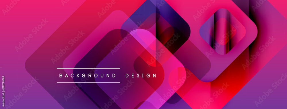 Poster abstract geometric shapes overlap, creating vibrant purple, pink, red gradients. modern design eleme