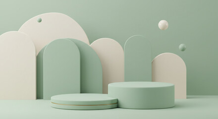 Pastel green and beige abstract background with cylindrical platforms