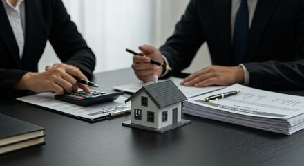 Real estate agents reviewing documents with house model