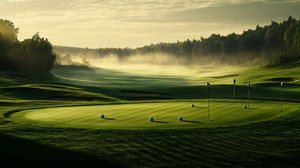 Golf Course at Dawn with Mist and Lush Greenery
