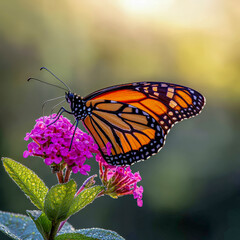 Obraz premium Stunning Monarch Butterfly Macro Photography on Purple Flower with Dew Drops for Nature and Conservation Marketing