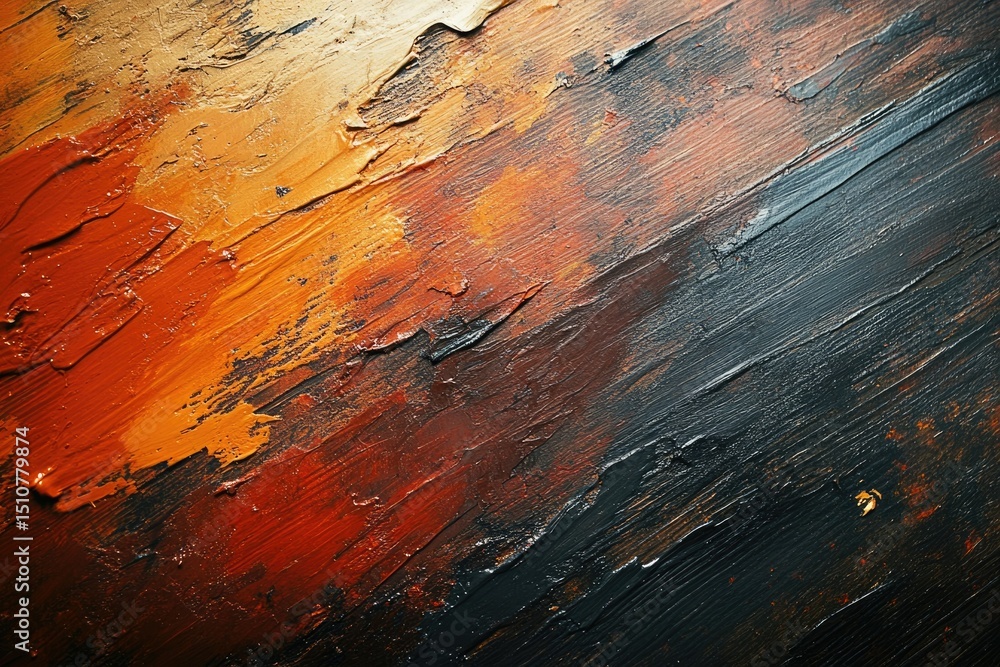 Poster abstract painting with thick, textured strokes of orange, brown, and black paint creating a dynamic 