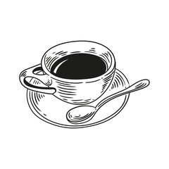 Original illustrations of a cup of tea or coffee, a vintage ink line drawing for cards, menus, coffee shops, baristas, tea houses, or graphic design.
