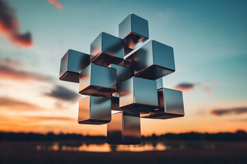 Floating metallic cubes forming an abstract monolith