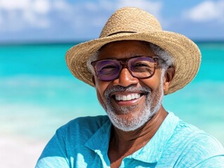 Happy senior African American man at tropical beach in straw hat