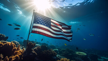 Underwater American flag planted on coral reef . Independence Day concept. Generated Image
